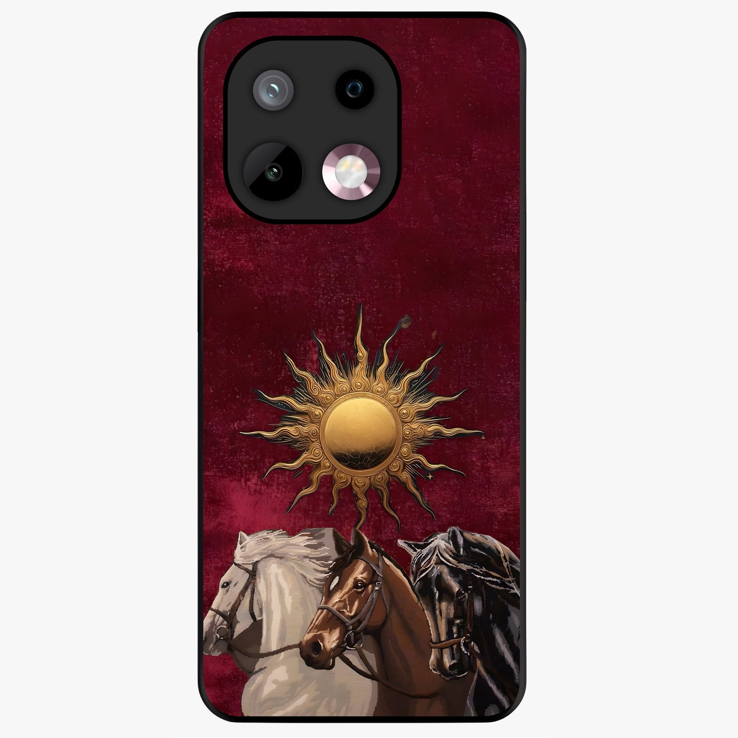 Solar Riders Glass Case showing flat back view with dynamic rider themed artwork and glossy glass finish.