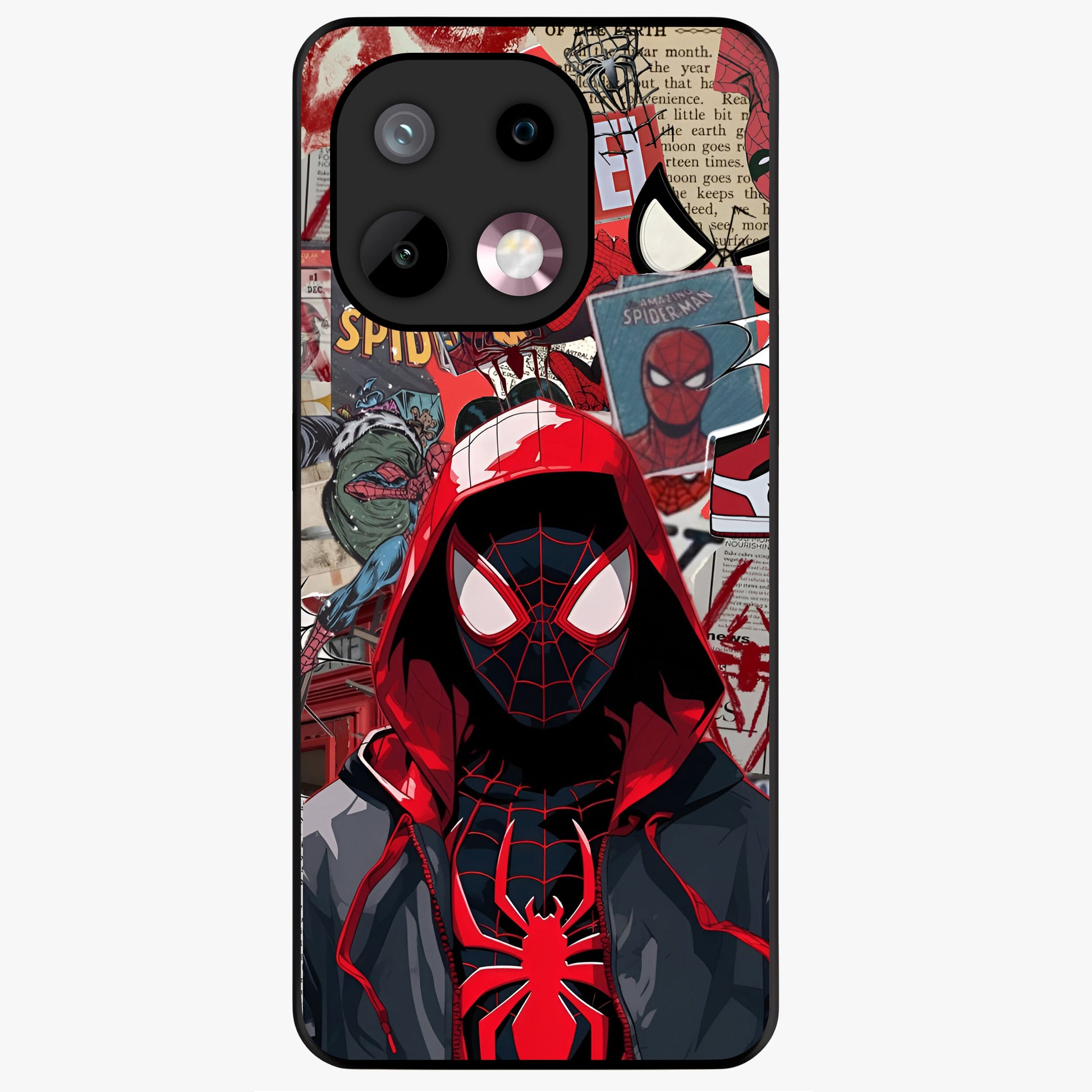 Spider Collage Street Glass Case showing flat back view with vibrant superhero collage artwork and glossy glass finish.