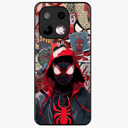 Spider Collage Street Glass Case showing flat back view with vibrant superhero collage artwork and glossy glass finish.