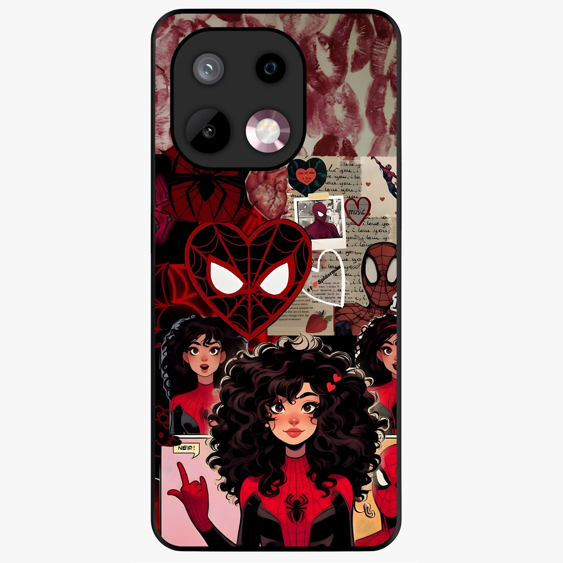Spider Love Story Glass Case showing flat back view with romantic superhero themed artwork and glossy glass finish.