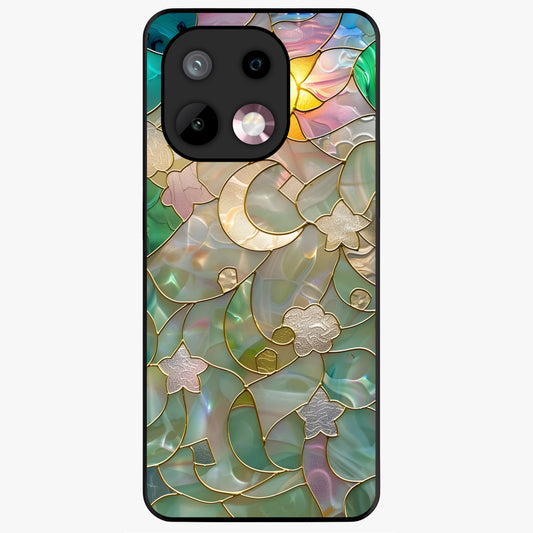 Stained Sunrise Glow Glass Case showing flat back view with glowing sunrise stained pattern artwork and glossy glass finish.