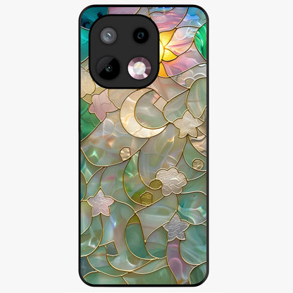 Stained Sunrise Glow Glass Case showing flat back view with glowing sunrise stained pattern artwork and glossy glass finish.