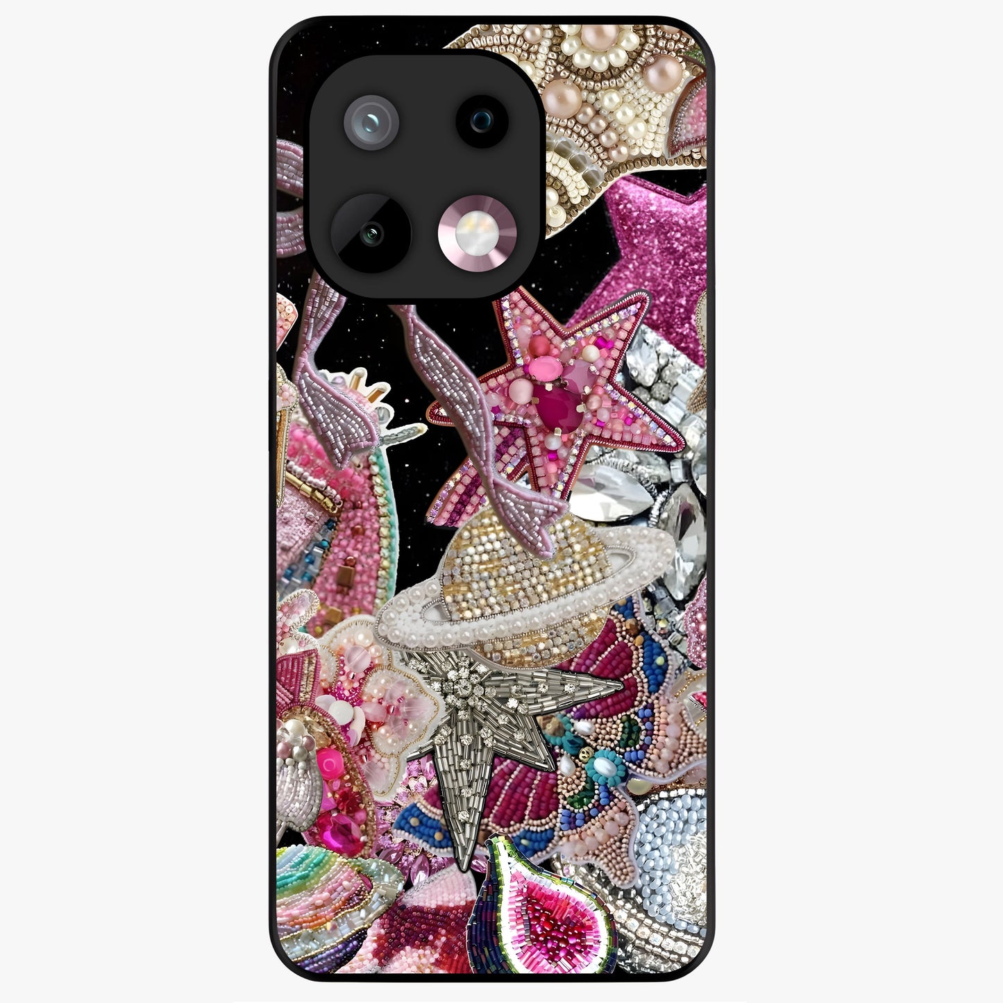 Starlit Jewel Dream Glass Case showing flat back view with sparkling jewel and star themed artwork and glossy glass finish.