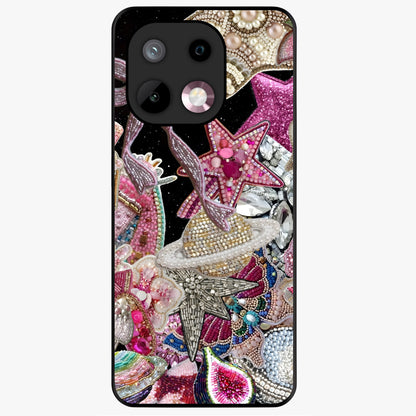 Starlit Jewel Dream Glass Case showing flat back view with sparkling jewel and star themed artwork and glossy glass finish.
