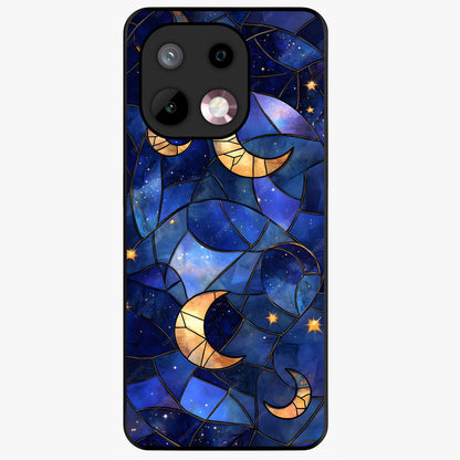 Starlit Sky Tapestry Glass Case showing flat back view with decorative starry sky tapestry artwork and glossy glass finish.