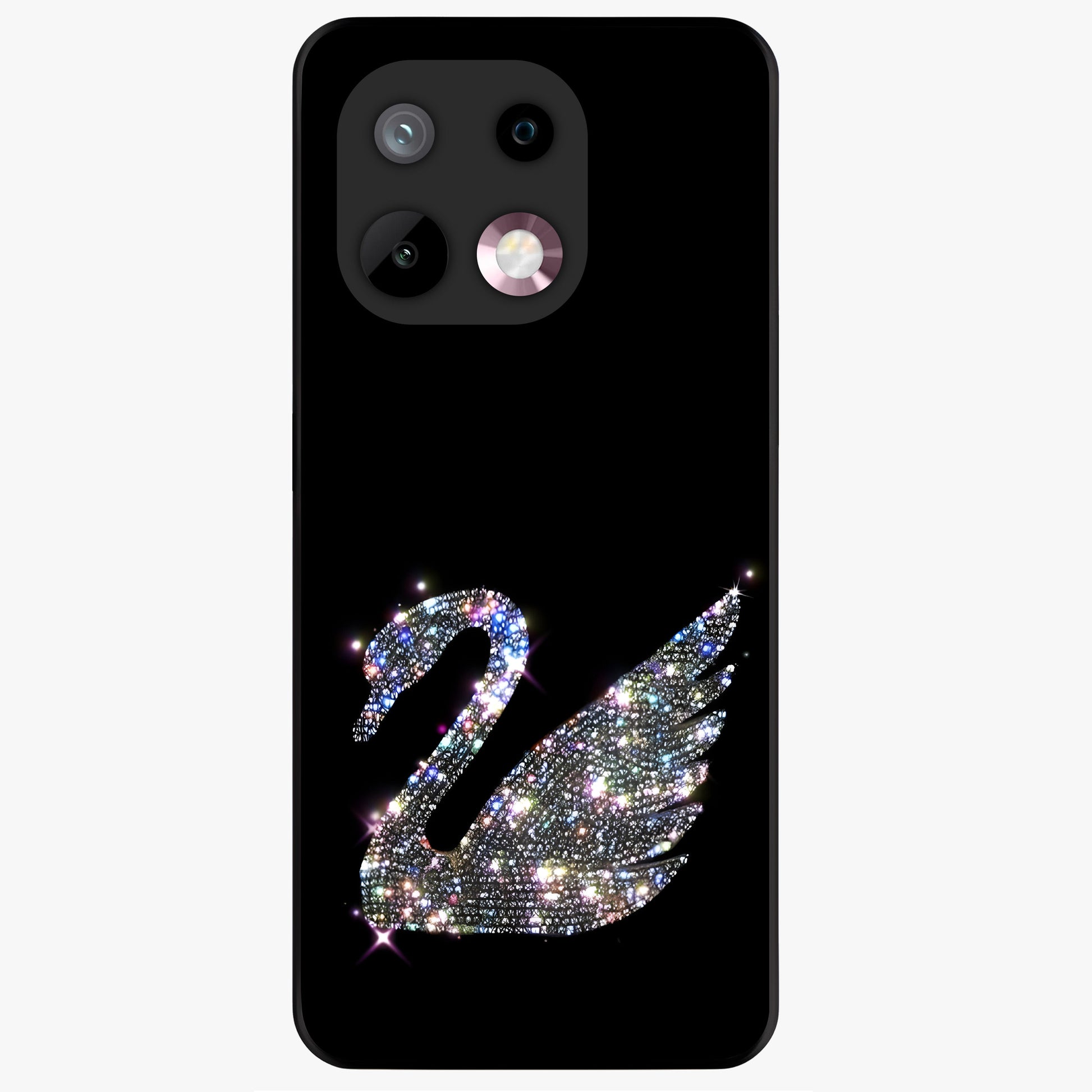 Starlit Swan Grace Glass Case showing flat back view with graceful swan artwork under starry sky and glossy glass finish.