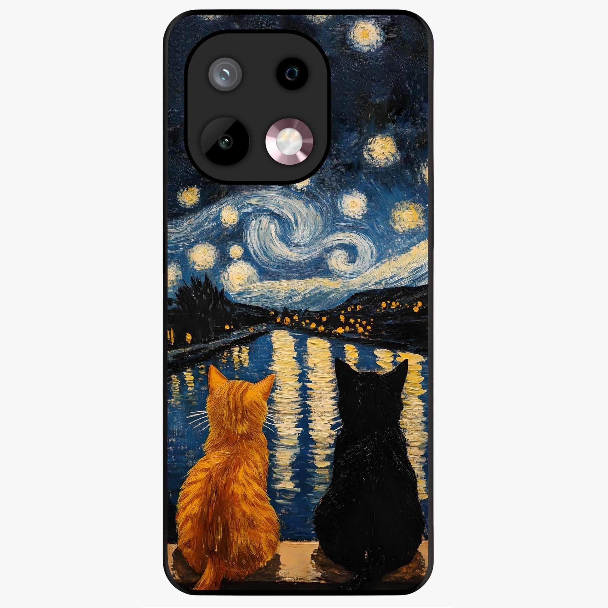 Starry River Cats Glass Case showing flat back view with cats by a starry river artwork and glossy glass finish.