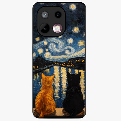 Starry River Cats Glass Case showing flat back view with cats by a starry river artwork and glossy glass finish.