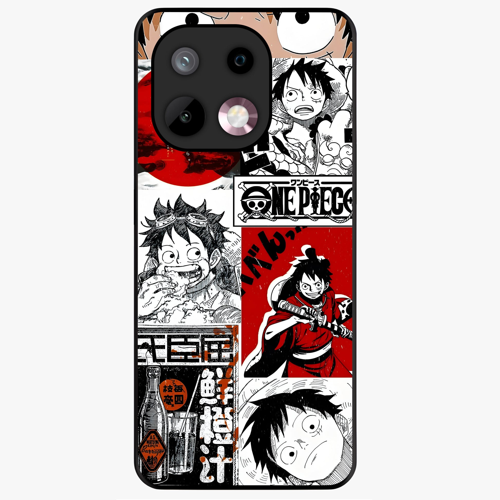 Strawhat Chaos Panels Glass Case showing flat back view with anime inspired chaos panel artwork and glossy glass finish.