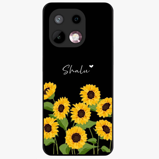 Sunflower Chic Mood Custom Name Glass Case showing flat back view with stylish sunflower artwork and personalized name design.