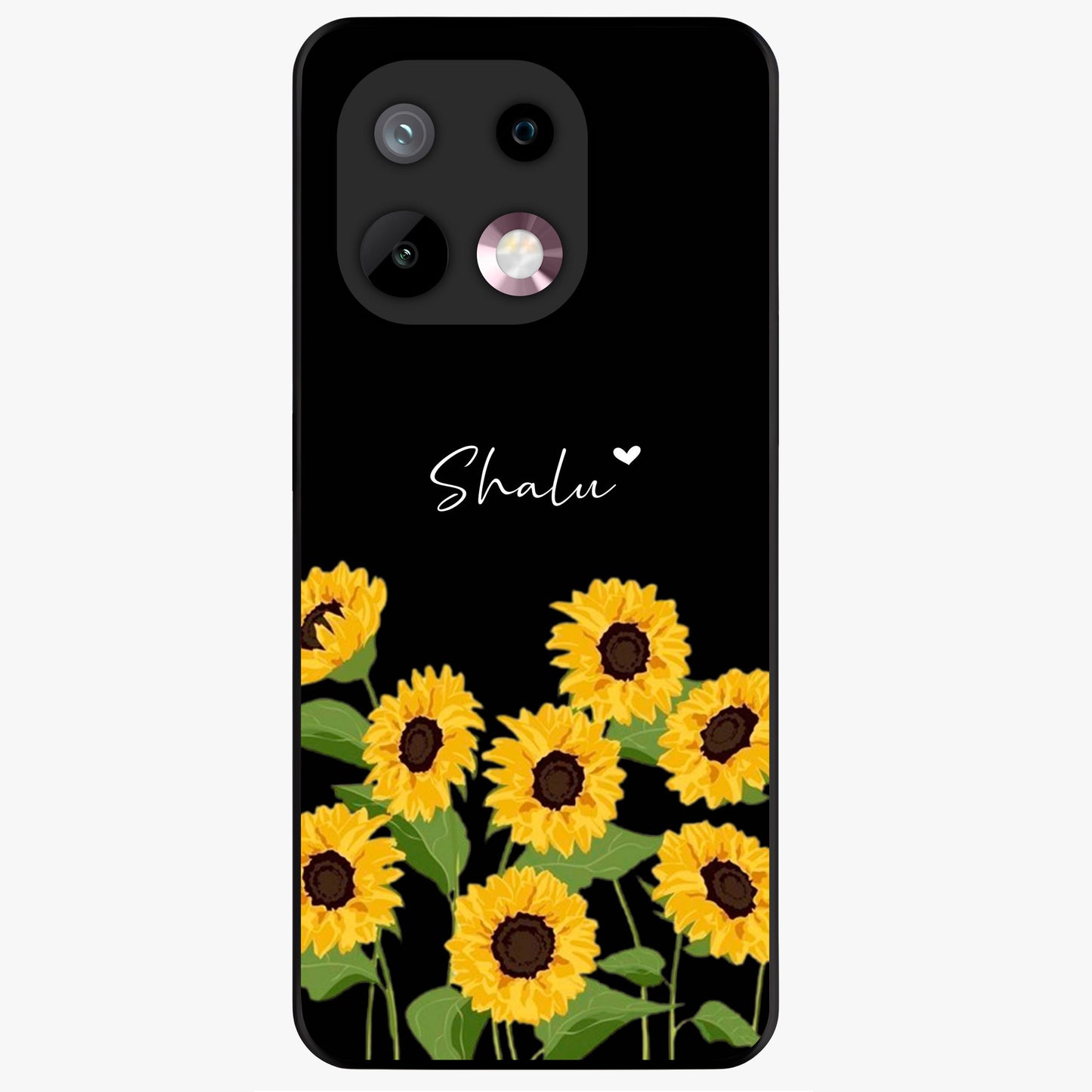 Sunflower Chic Mood Custom Name Glass Case showing flat back view with stylish sunflower artwork and personalized name design.
