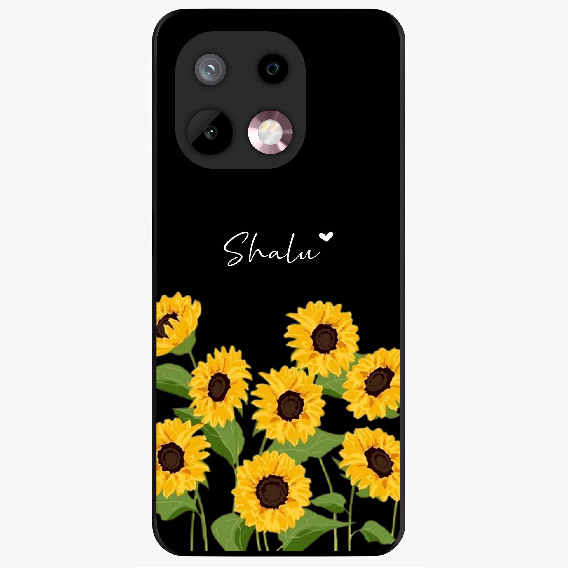 Sunflower Chic Mood Custom Name Glass Case showing flat back view with stylish sunflower artwork and personalized name design.