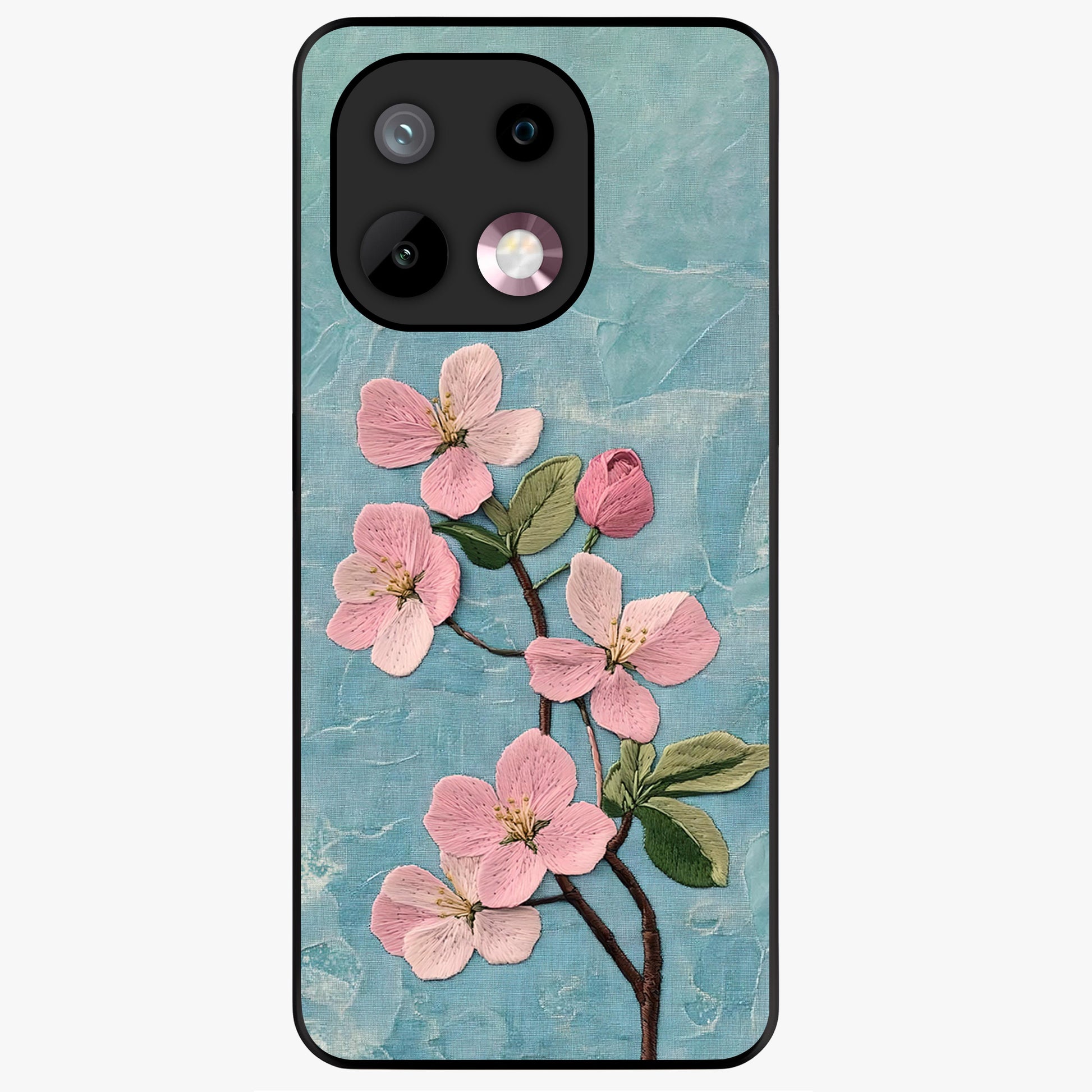 Threaded Blossom Breeze Glass Case showing flat back view with delicate blossom artwork and glossy glass finish.