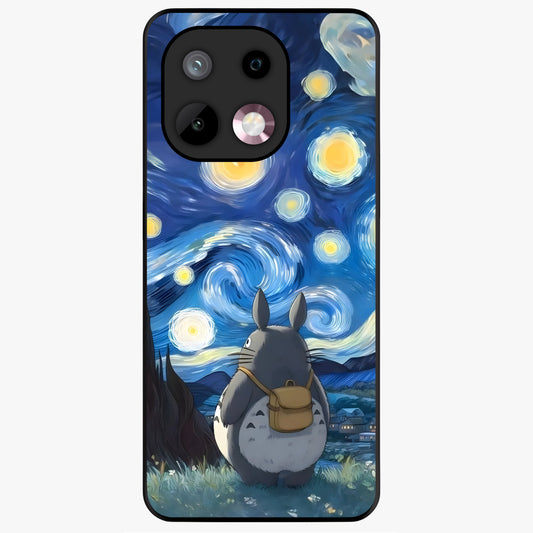 Totoro In Van Gogh Art Glass Case showing flat back view with whimsical character artwork inspired by Van Gogh style and glossy glass finish.