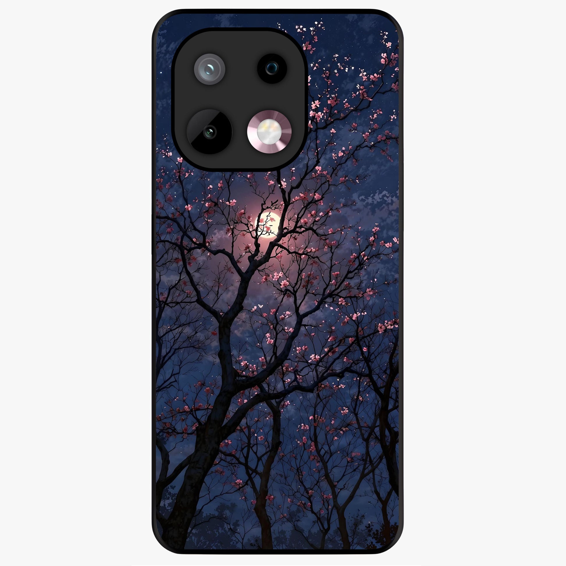 Twilight Sakura Serenade Glass Case showing flat back view with cherry blossom artwork at twilight and glossy glass finish.