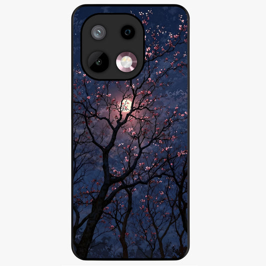 Twilight Sakura Serenade Glass Case showing flat back view with cherry blossom artwork at twilight and glossy glass finish.