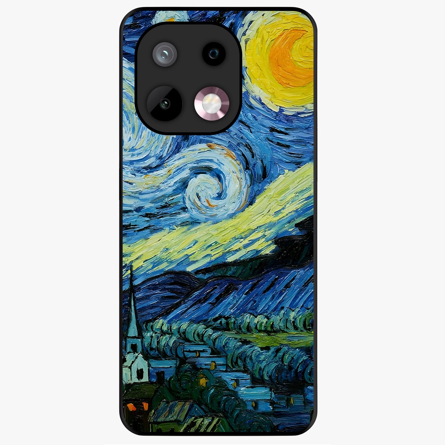 Van Gogh Art Glass Case showing flat back view with classic painterly artwork inspired by Van Gogh style and glossy glass finish.