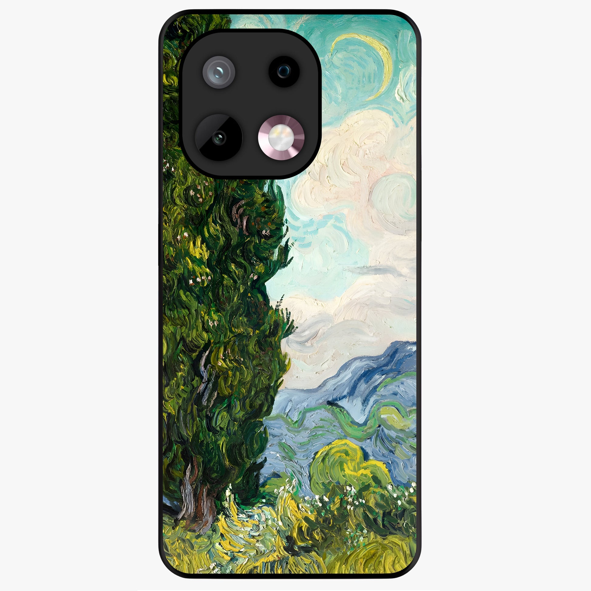 Van Gogh Vintage Art Glass Case showing flat back view with vintage painterly artwork inspired by Van Gogh style and glossy glass finish.