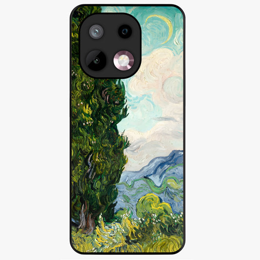 Van Gogh Vintage Art Glass Case showing flat back view with vintage painterly artwork inspired by Van Gogh style and glossy glass finish.