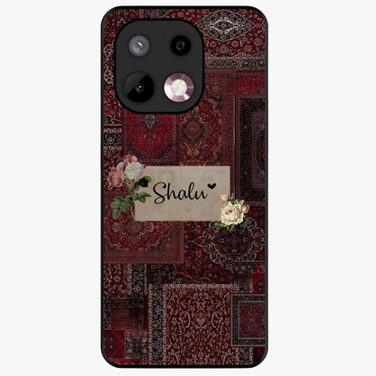 Velvet Wine Pattern Custom Name Glass Case showing flat back view with elegant wine colored pattern artwork and personalized name design.