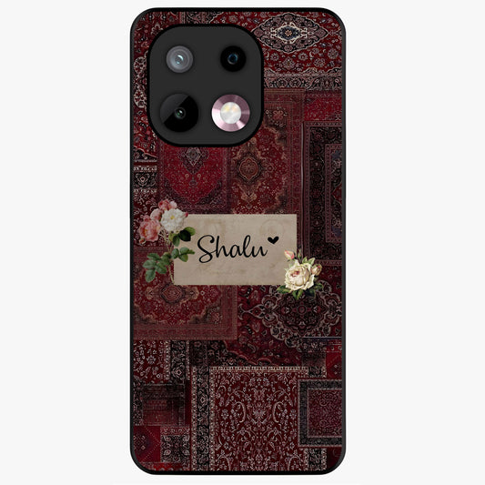 Velvet Wine Pattern Custom Name Glass Case showing flat back view with elegant wine colored pattern artwork and personalized name design.