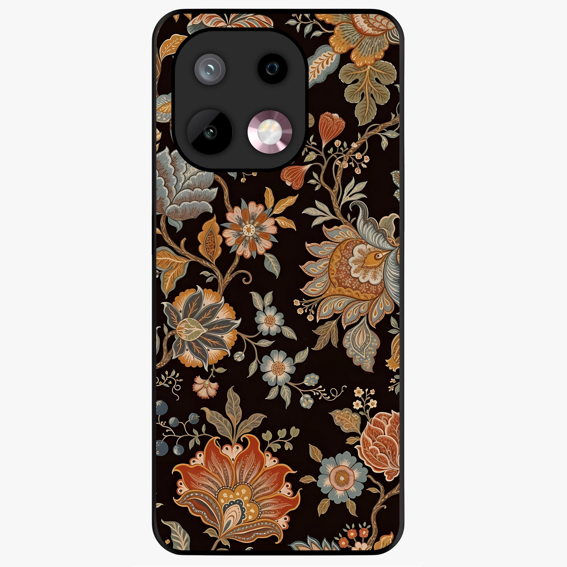 Vintage Floral Dream Glass Case showing flat back view with classic floral artwork and glossy glass finish.