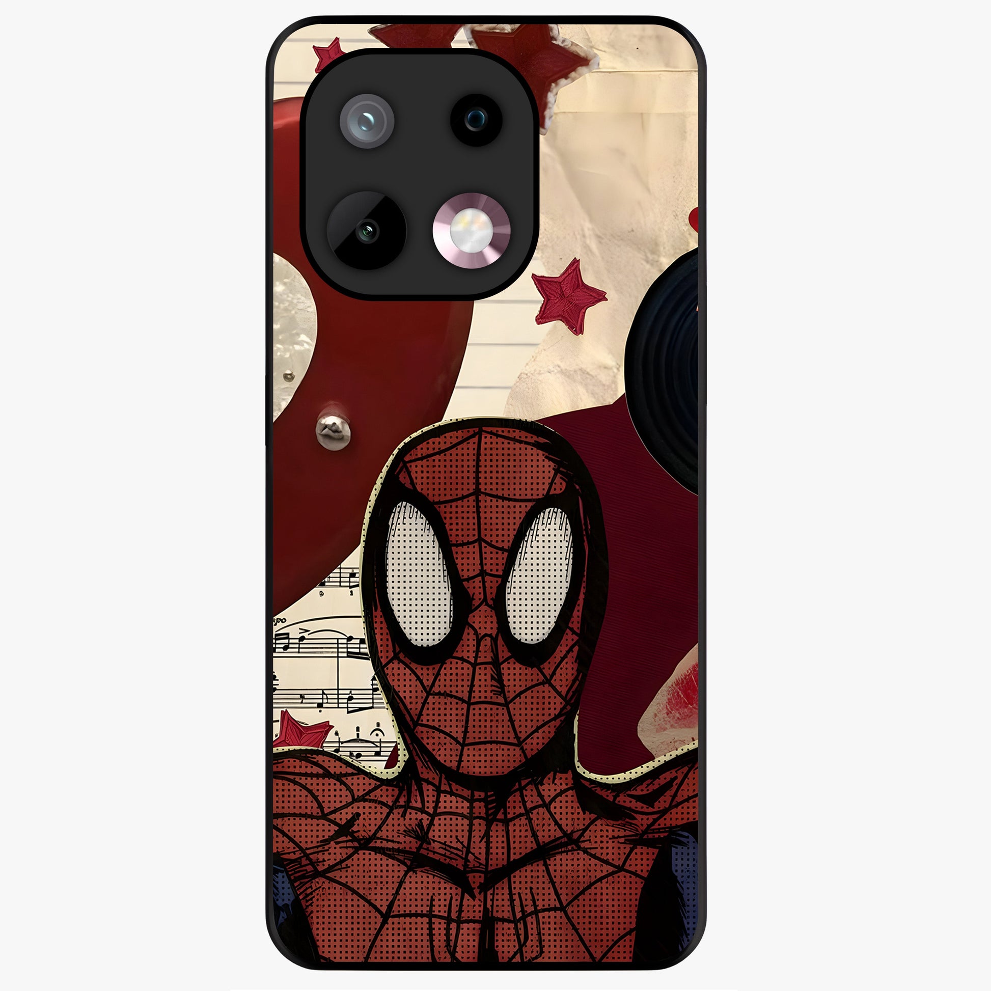 Web Warrior Vibes Glass Case showing flat back view with superhero inspired web themed artwork and glossy glass finish.