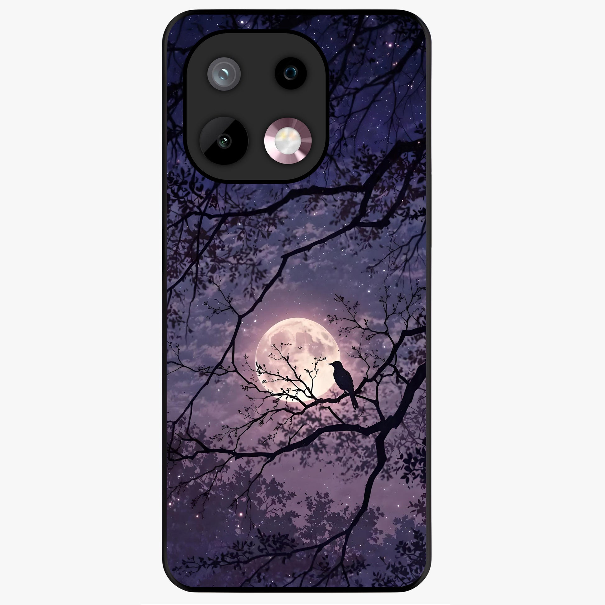 Whispering Moon Silence Glass Case showing flat back view with serene moon themed artwork and glossy glass finish.