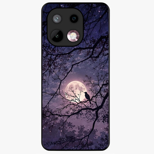 Whispering Moon Silence Glass Case showing flat back view with serene moon themed artwork and glossy glass finish.
