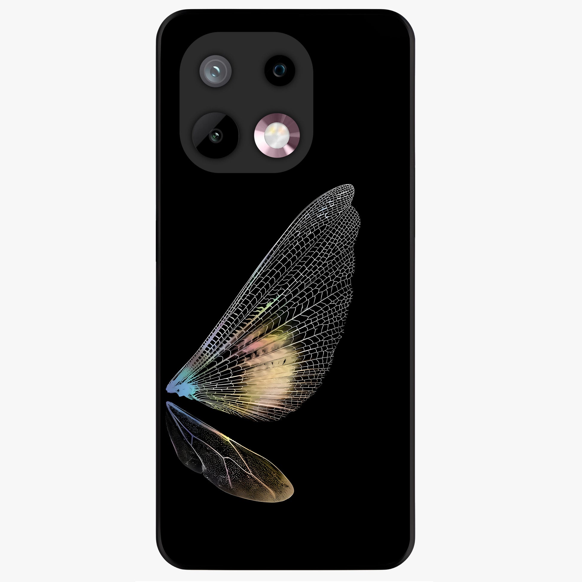 Whispers Of Wings Glass Case showing flat back view with graceful wing inspired artwork and glossy glass finish.