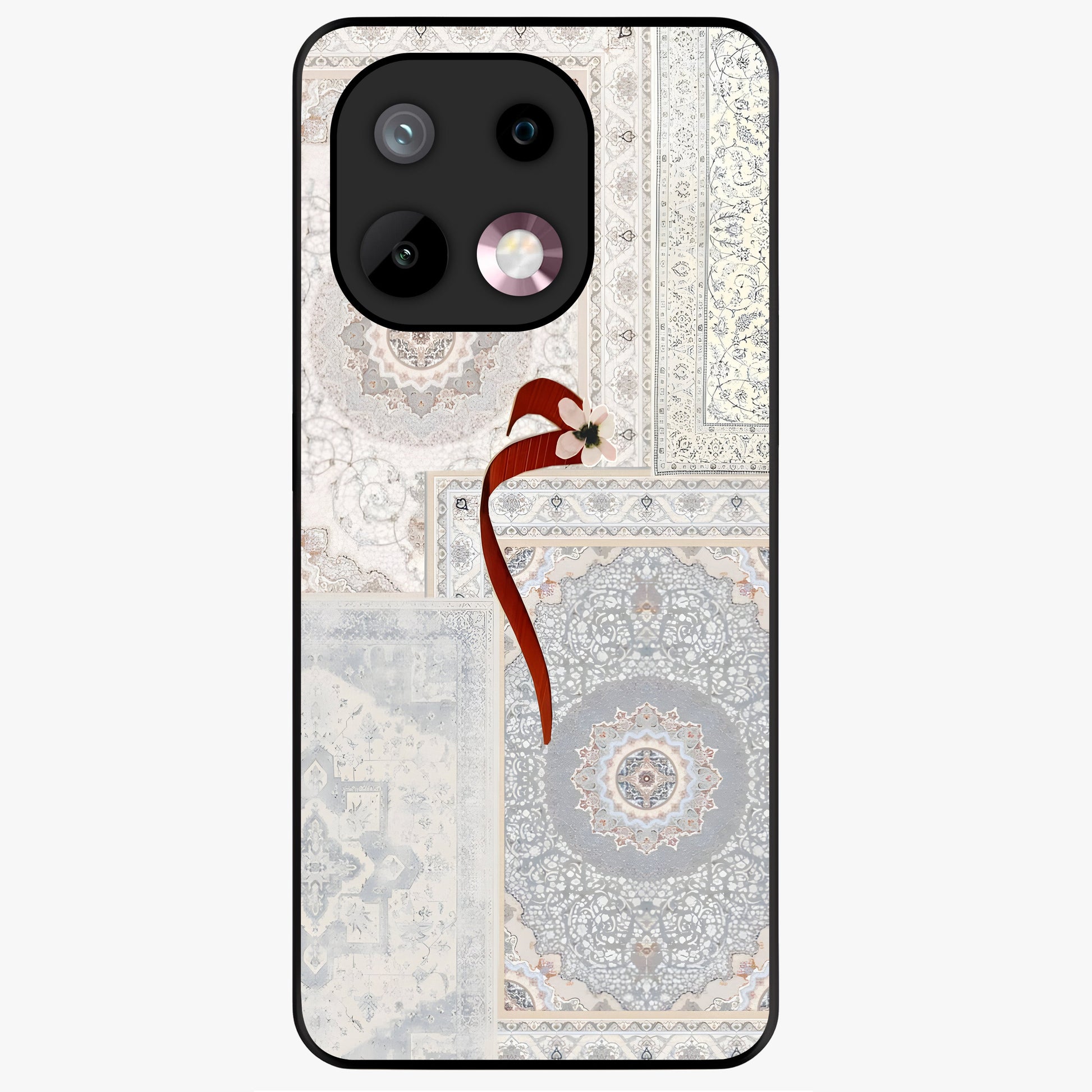 White Aesthetic Bow Glass Case showing flat back view with minimal bow artwork and glossy glass finish.