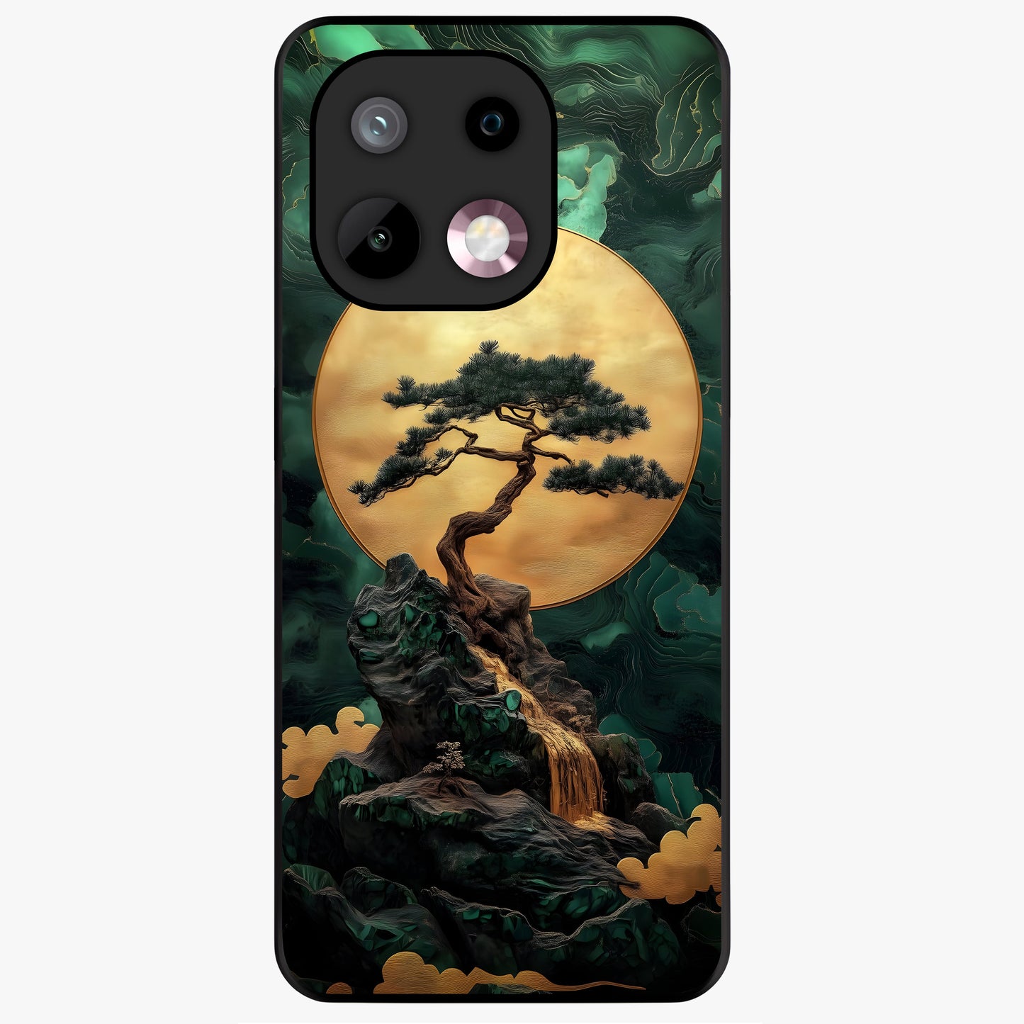 Zen Moon Rise Glass Case showing flat back view with calm moonrise artwork and glossy glass finish.
