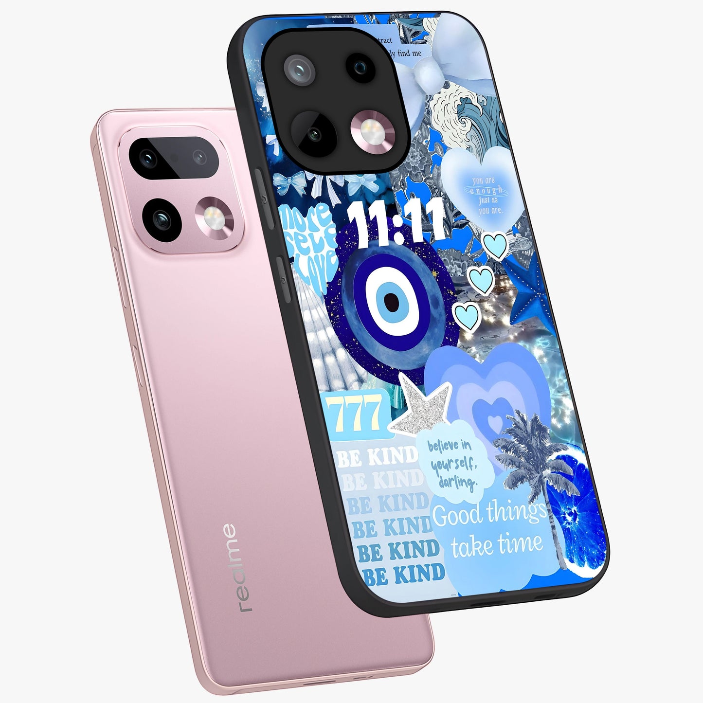 Aesthetic Be Kind Eye Glass Case displayed in angled mockup highlighting aesthetic eye design and inspirational vibe.