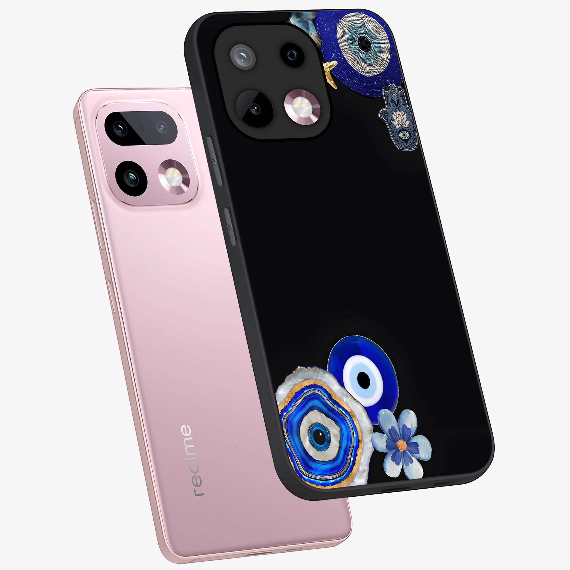 Aesthetic Blue Evil Eye Glass Case displayed in angled mockup highlighting blue evil eye symbol and spiritual aesthetic design.