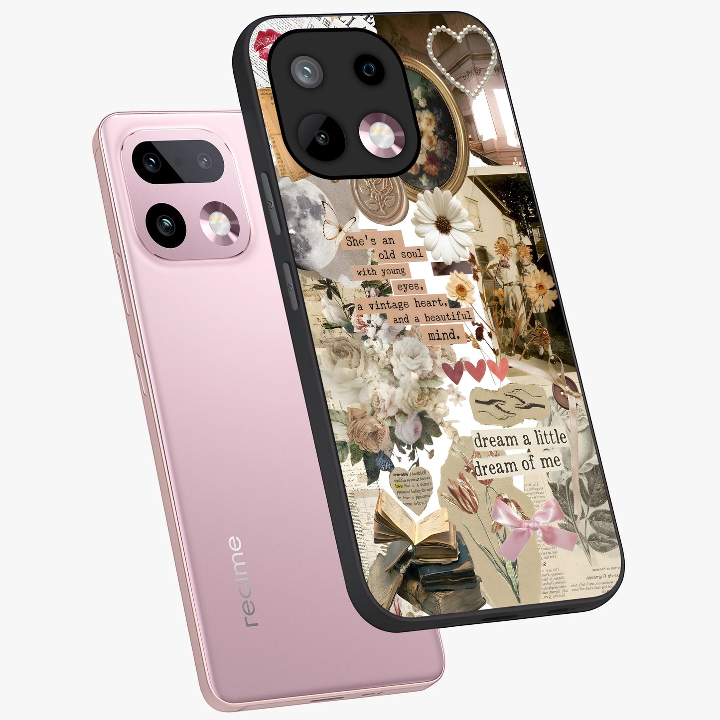 Aesthetic Brown Vintage Collage Glass Case displayed in angled mockup highlighting vintage aesthetic collage design.