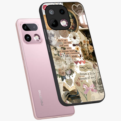 Aesthetic Brown Vintage Collage Glass Case displayed in angled mockup highlighting vintage aesthetic collage design.