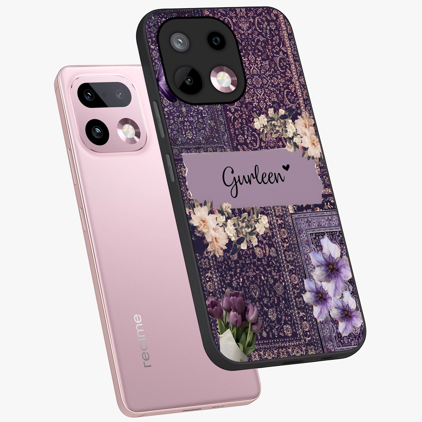Antique Floral Whisper Custom Name Glass Case displayed in angled mockup highlighting elegant antique floral aesthetic.