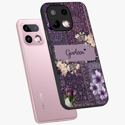 Antique Floral Whisper Custom Name Glass Case displayed in angled mockup highlighting elegant antique floral aesthetic.
