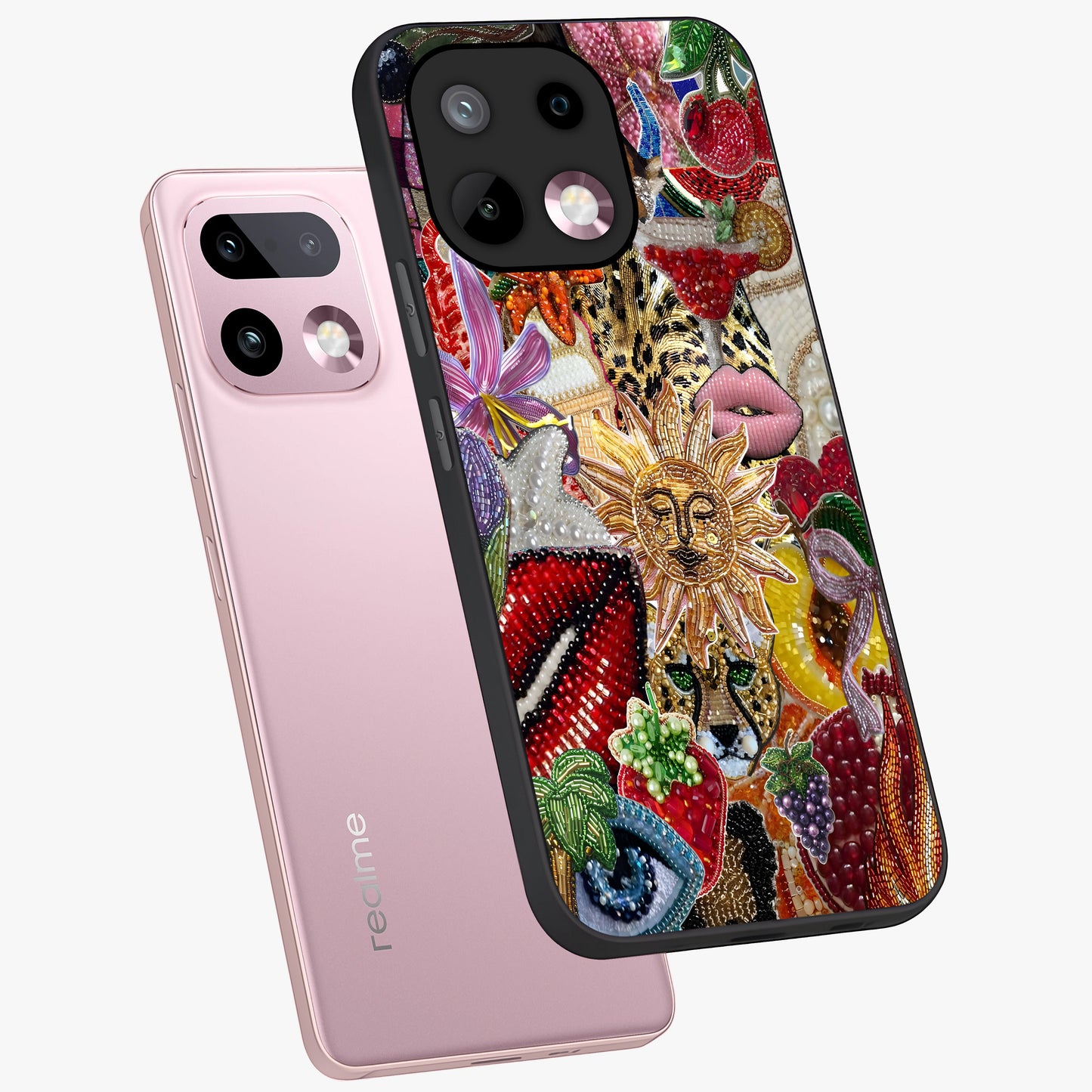 Beaded Fashion Jungle Glass Case displayed in angled mockup highlighting colorful fashion bead design and artistic pattern.