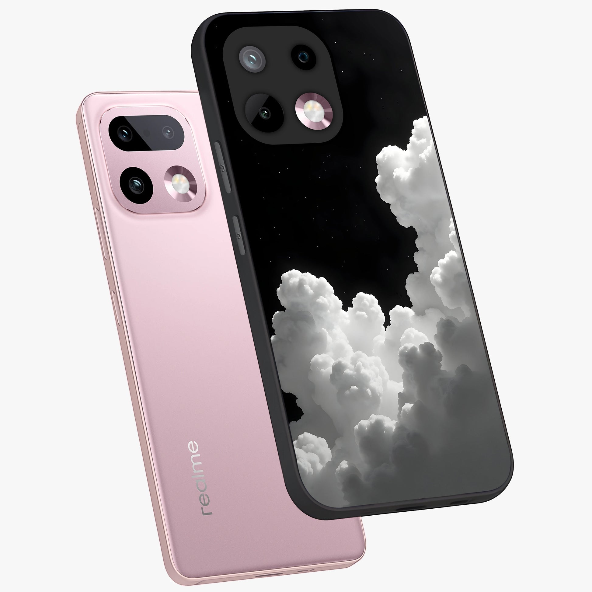 Black Background With White Cloud Glass Case displayed in angled mockup highlighting soft white cloud illustration and minimal design.