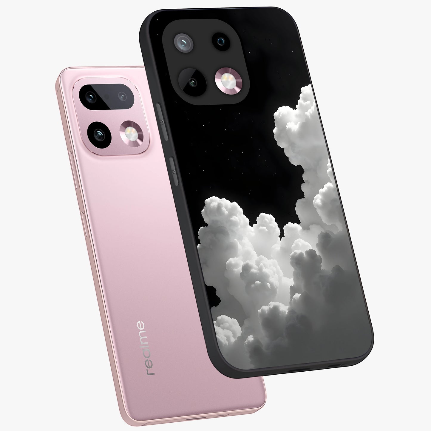 Black Background With White Cloud Glass Case displayed in angled mockup highlighting soft white cloud illustration and minimal design.