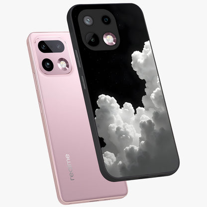 Black Background With White Cloud Glass Case displayed in angled mockup highlighting soft white cloud illustration and minimal design.