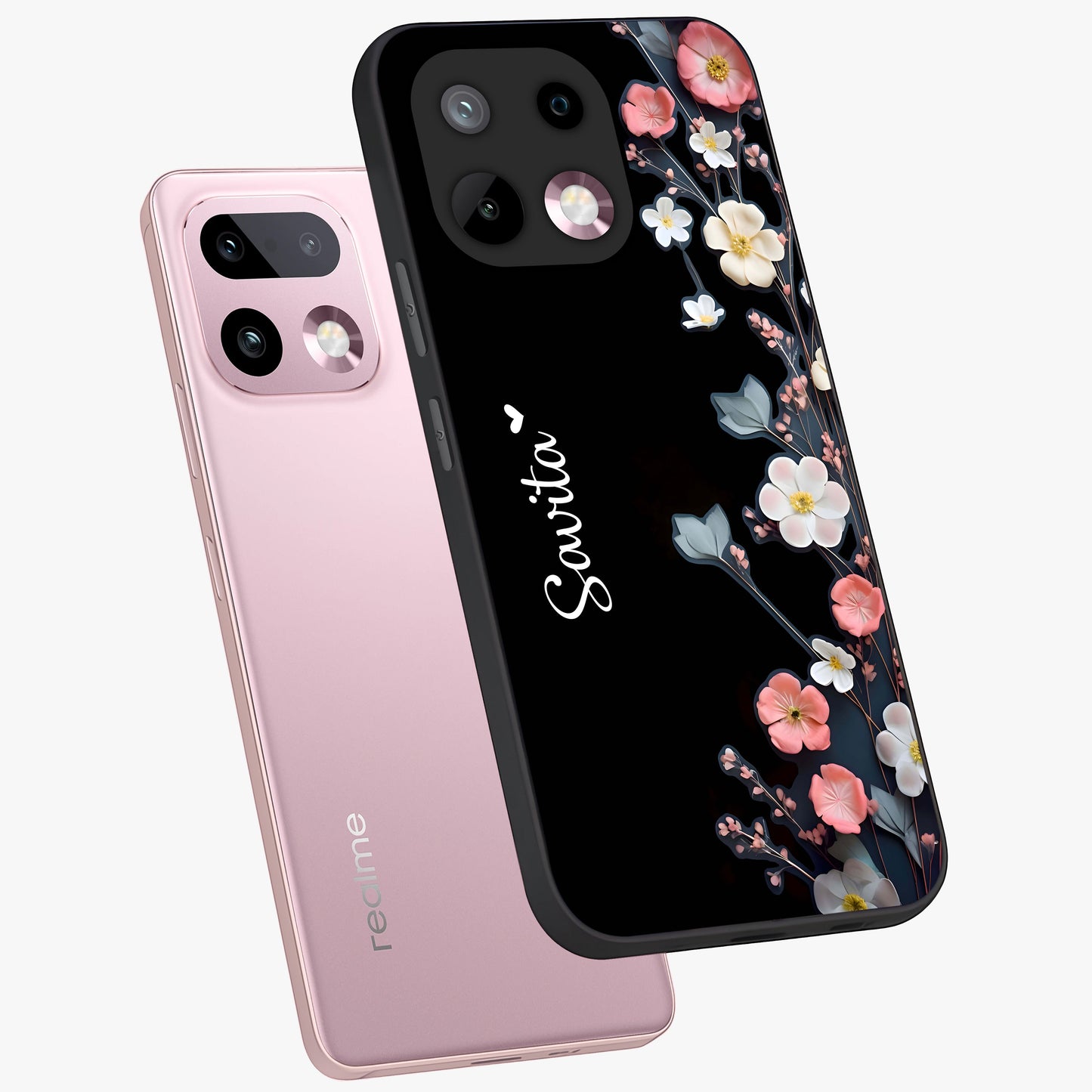 Black Elegance Floral Custom Name Glass Case displayed in angled mockup highlighting dark floral aesthetic and custom name feature.
