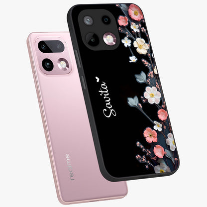 Black Elegance Floral Custom Name Glass Case displayed in angled mockup highlighting dark floral aesthetic and custom name feature.