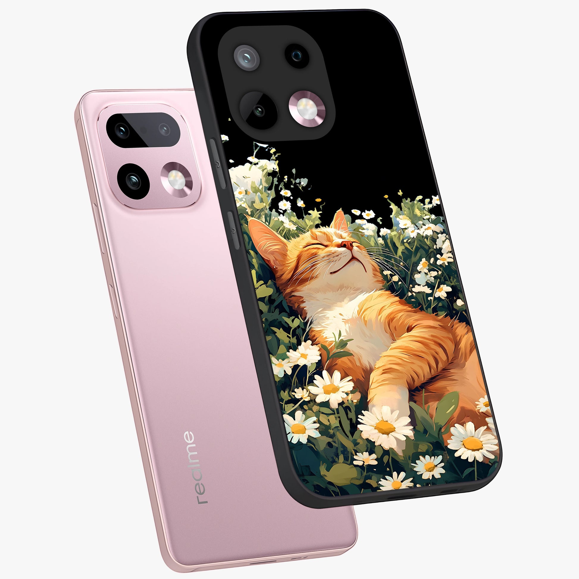 Blissful Bloom Cat Glass Case displayed in angled mockup highlighting playful feline illustration with soft floral aesthetic.