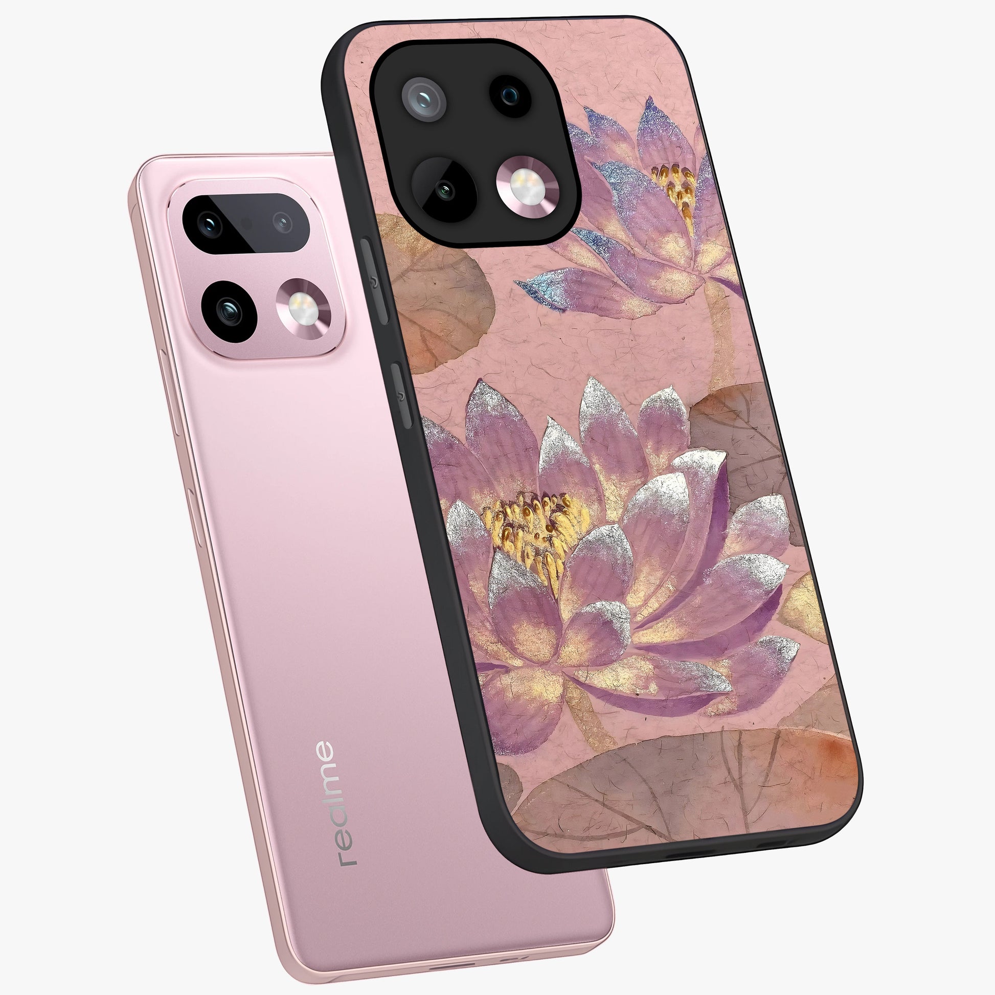 Blossom Mist Lotus Glass Case displayed in angled mockup highlighting delicate lotus illustration with calm aesthetic theme.