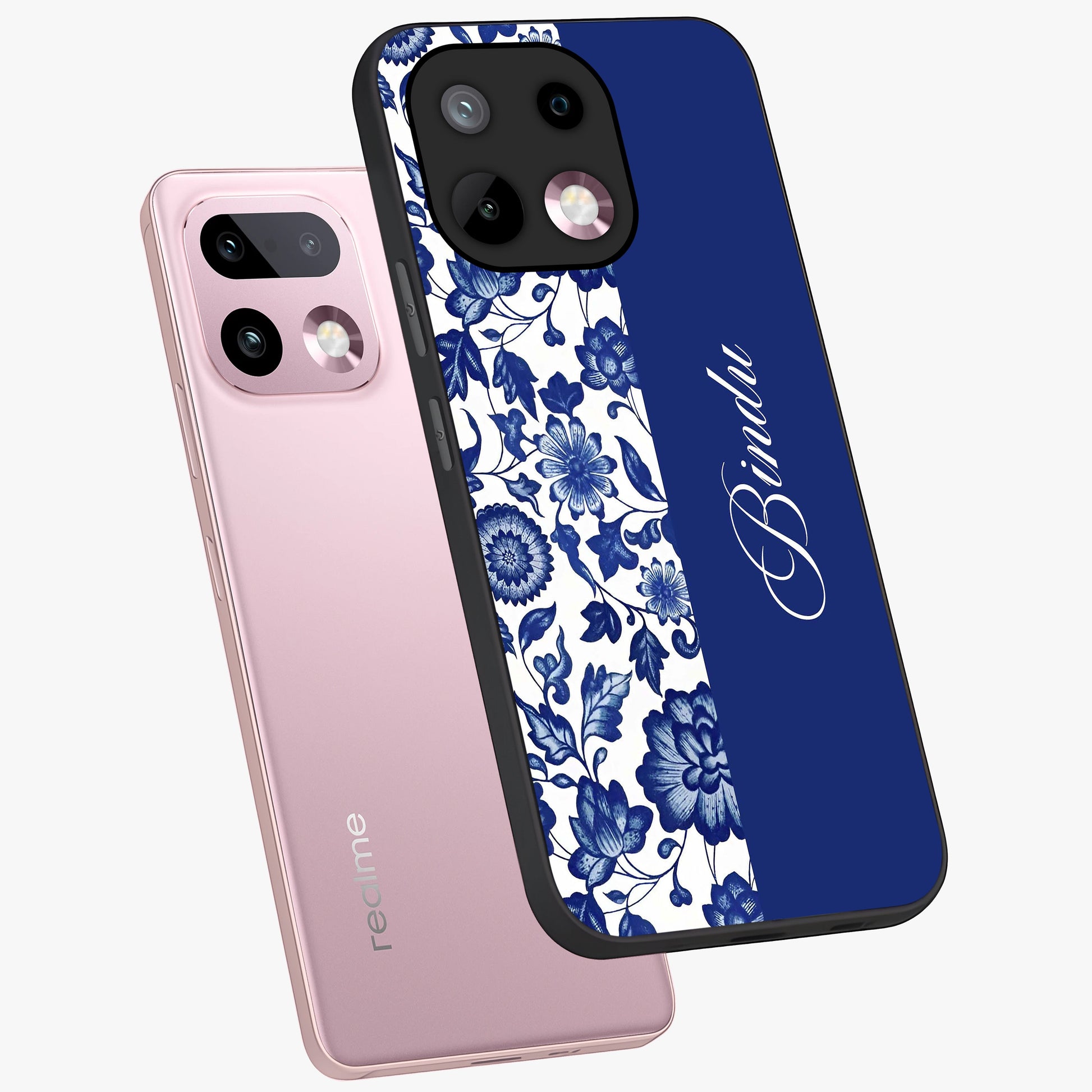 Blue Vintage Floral Pattern Glass Case displayed in angled mockup highlighting subtle bloom pattern with aesthetic pastel design.