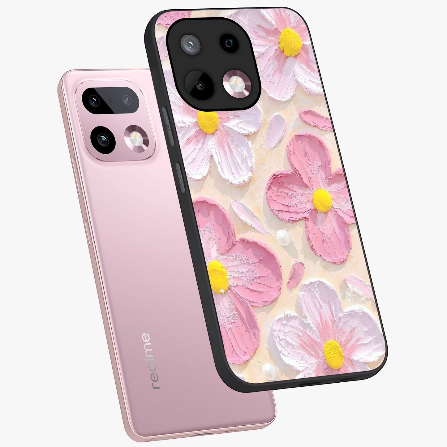 Blush Bloom Texture Glass Case displayed in angled mockup highlighting subtle bloom pattern with aesthetic pastel design.