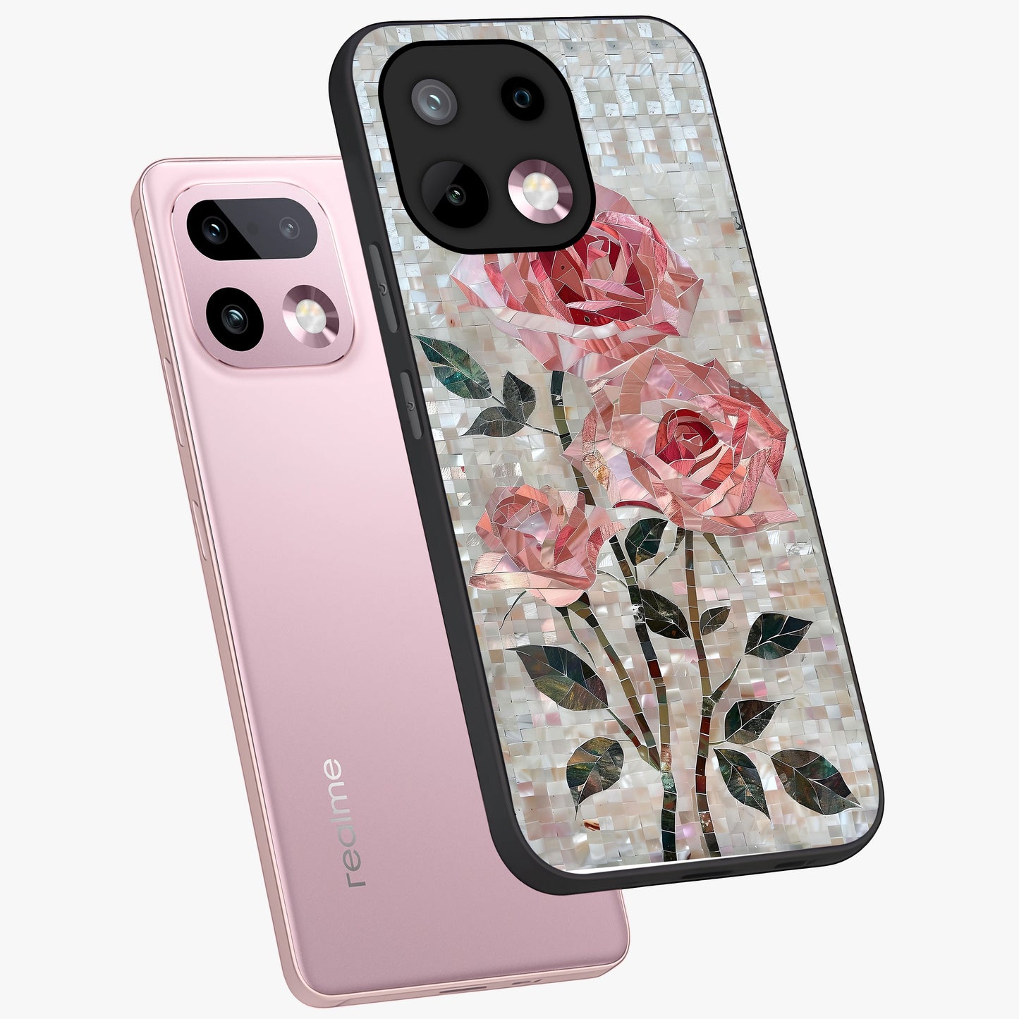 Blush Mosaic Bloom Glass Case displayed in angled mockup highlighting artistic mosaic flower pattern with aesthetic design.