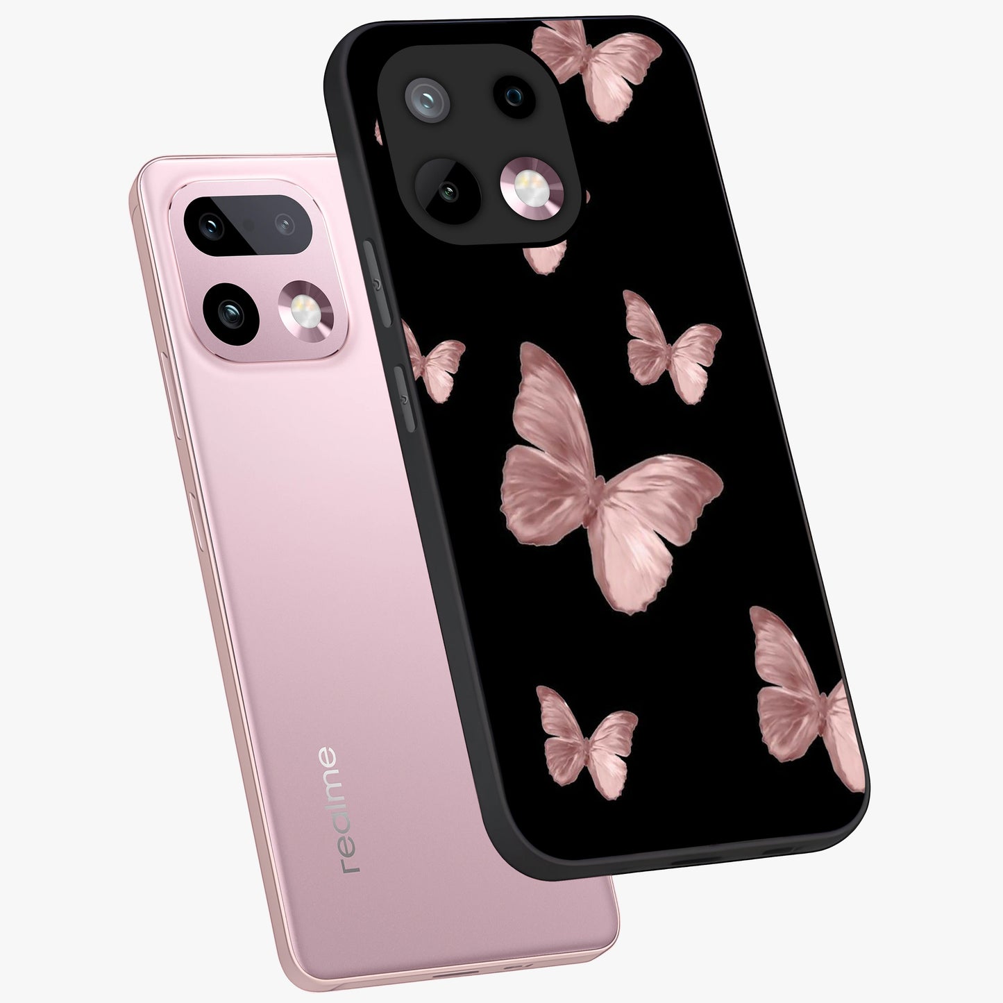Butterfly Pattern Glass Case displayed in angled mockup highlighting delicate butterfly design and aesthetic pattern style.